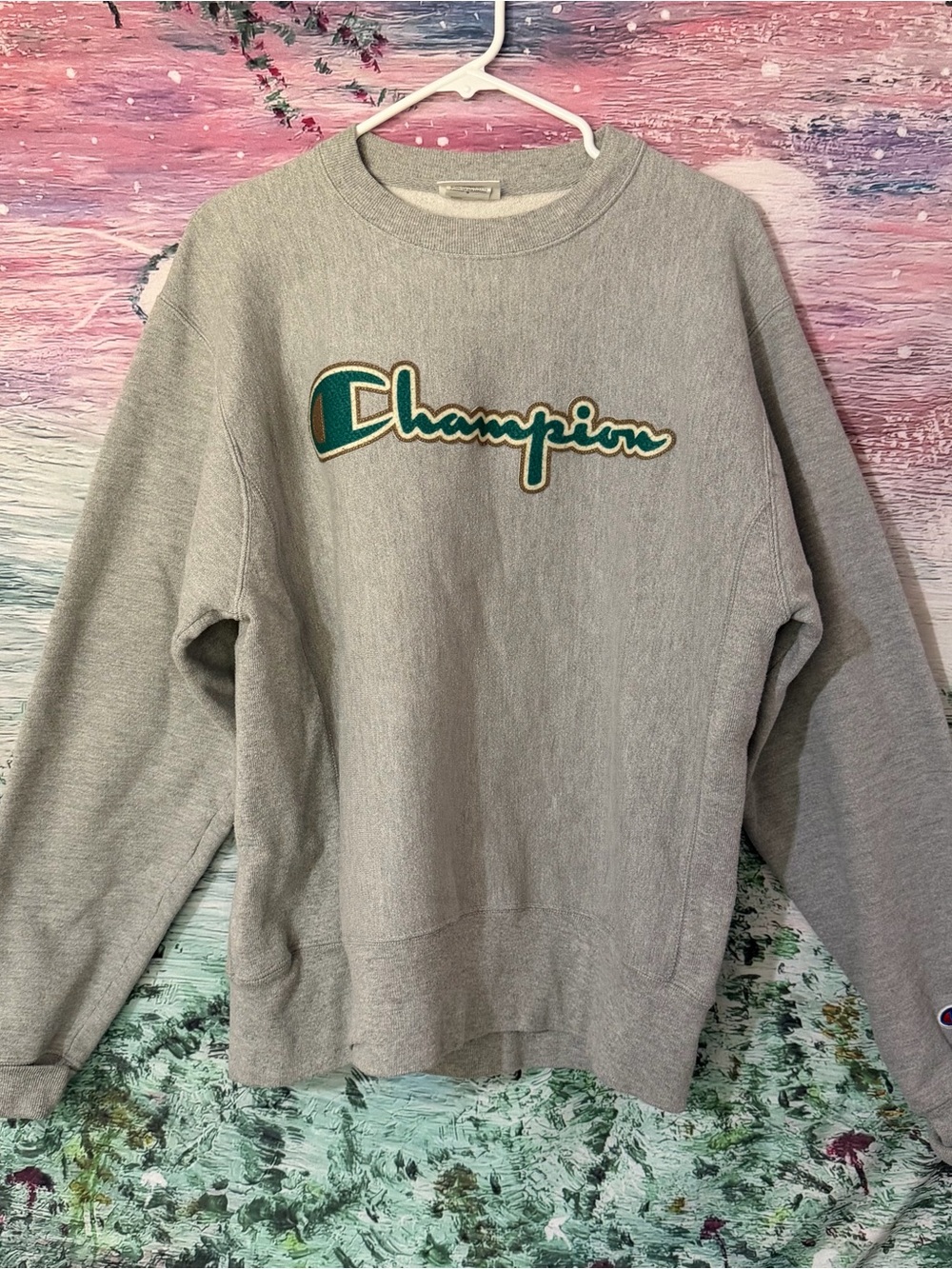 Champion Gray Crewneck Sweatshirt with Green Logo